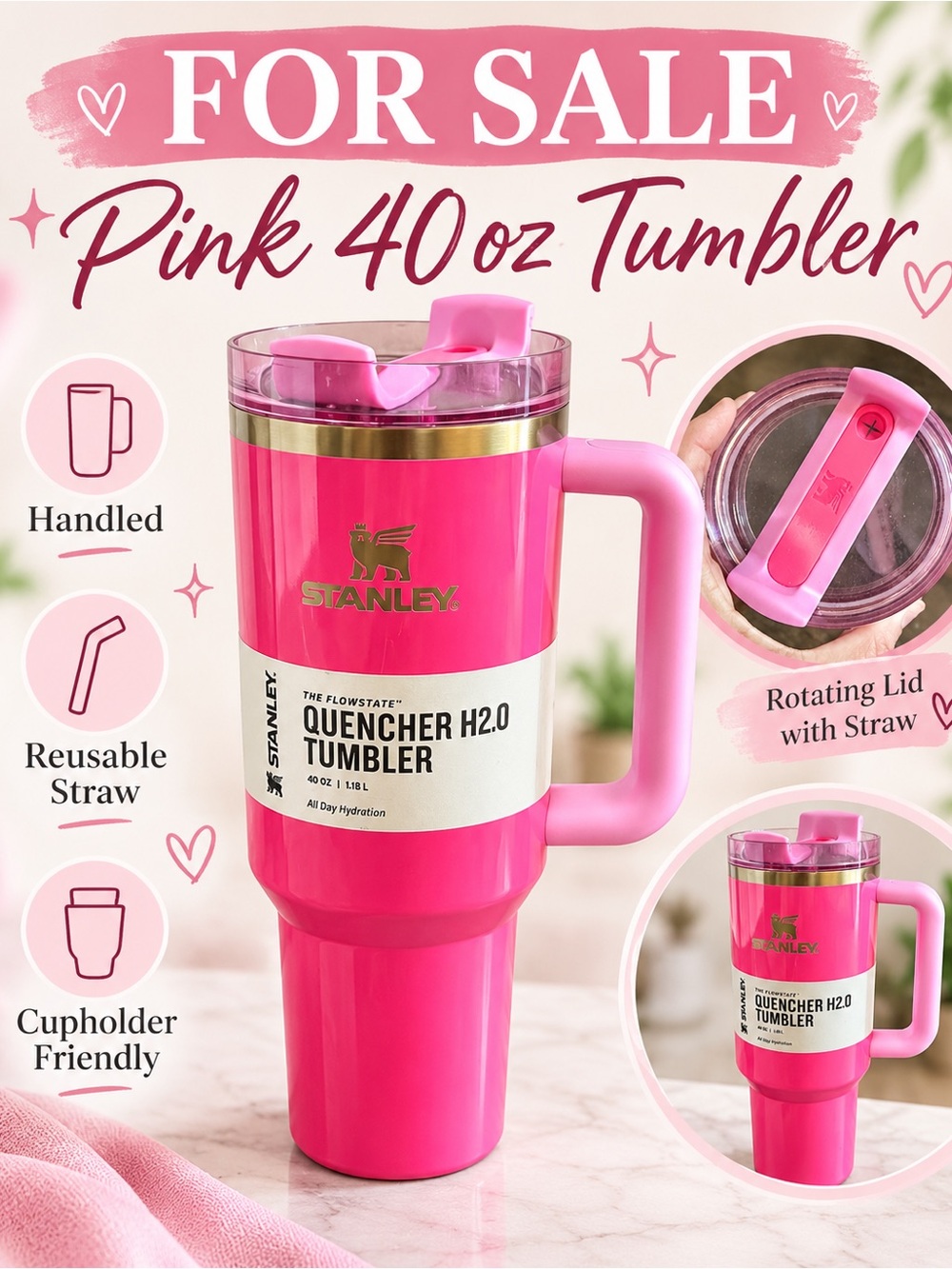 Stanley Pink 40oz Quencher H2.0 Tumbler with Handle